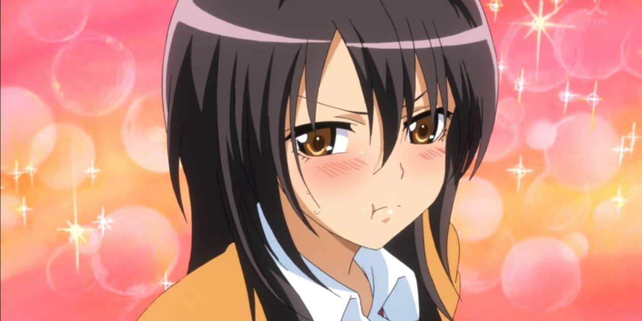 Misaki Ayuzawa with a pouting face from Maid Sama! On a field of sparkles and bubbles. 