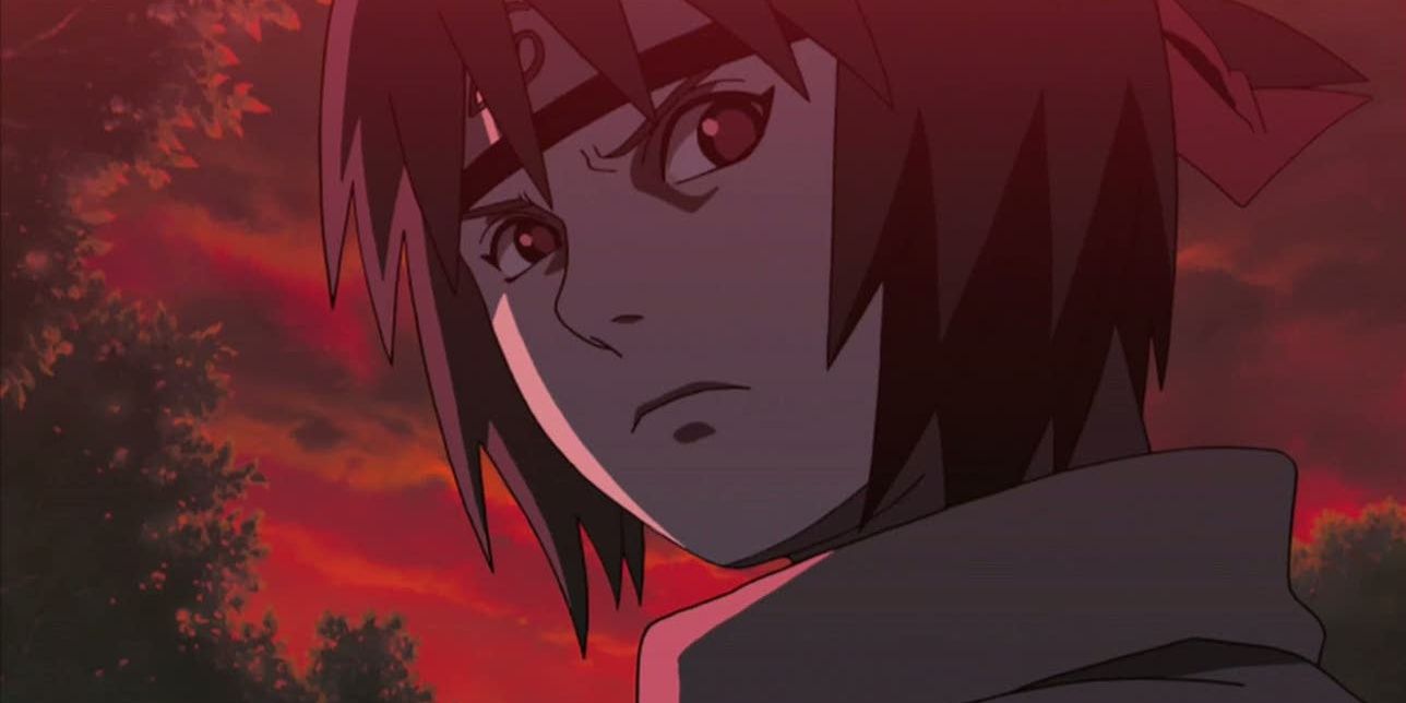 Mitarashi Anko looking serious as the sky turns red in Naruto.