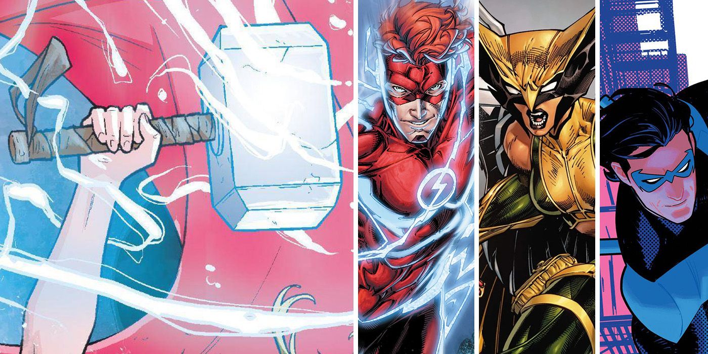 Featured images of Wally West, Dick Grayson and Hawkgirl, who could all wield Thor's hammer, Mjolnir