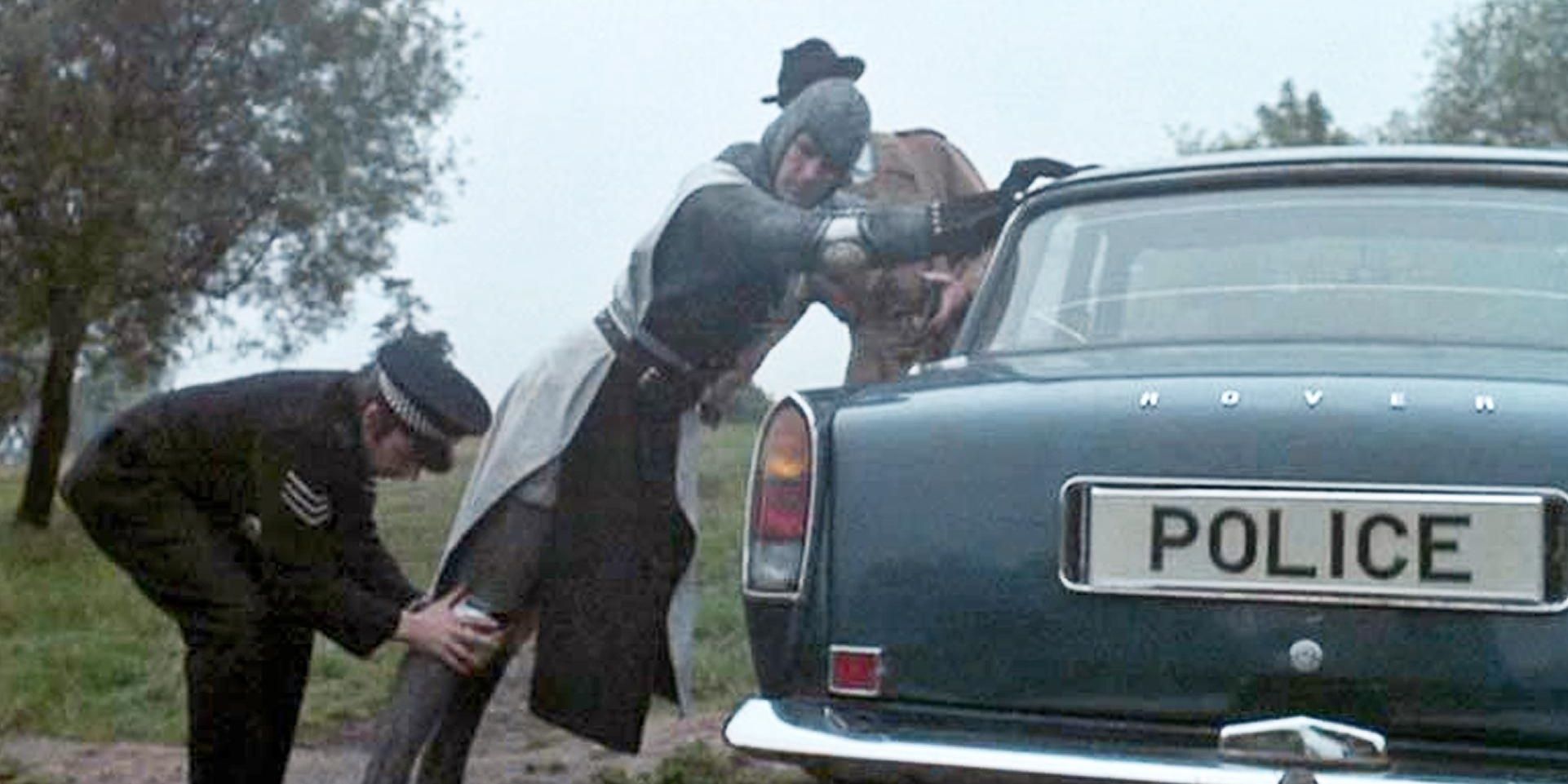 Sir Lancelot gets patted down by the police in Monty Python and the Holy Grail