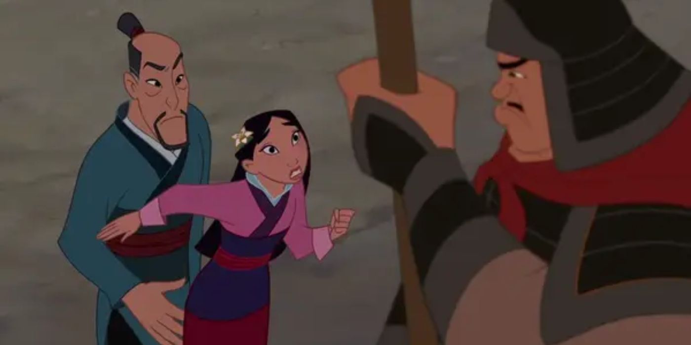 Mulan defending her father from a Royal guard in the film Mulan