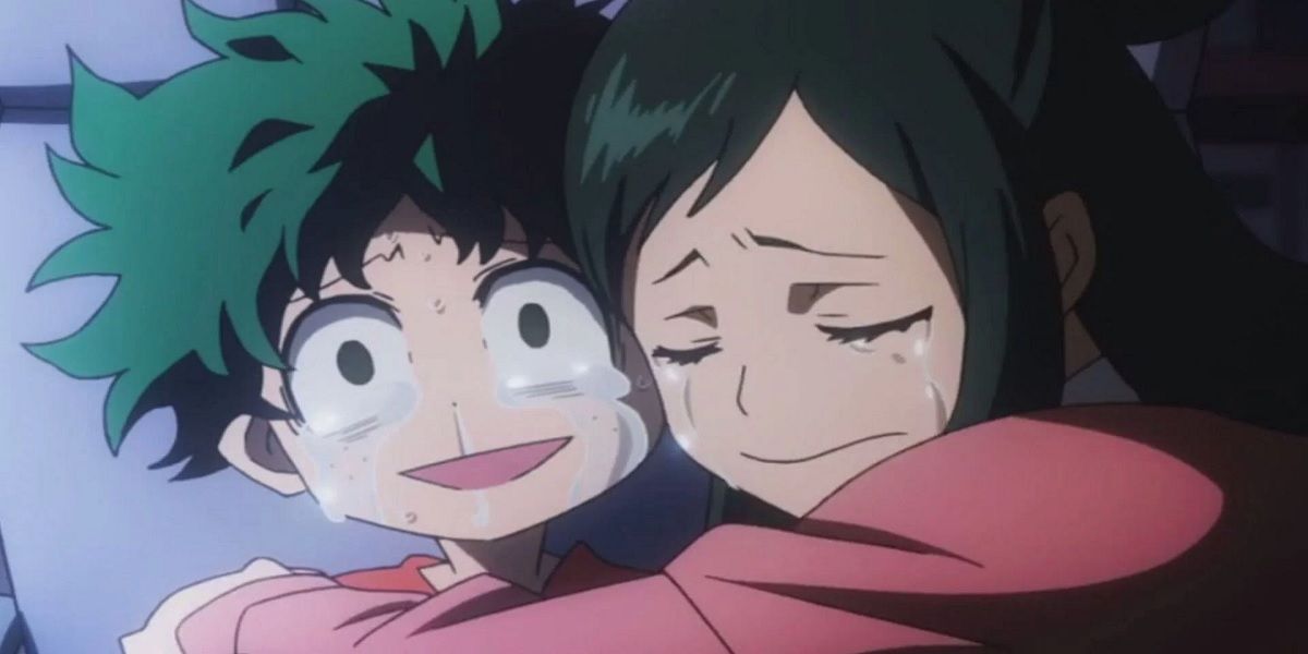 Izuku and Inko crying in My Hero Academia.