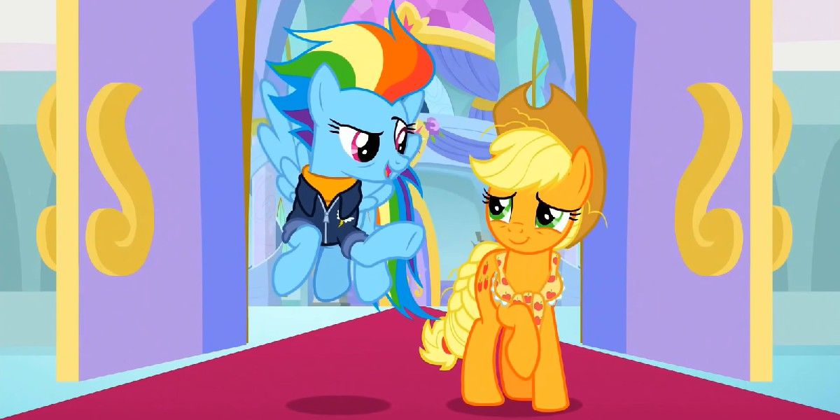 Applejack and Rainbow Dash looking at each other in My Little Pony Friendship Is Magic