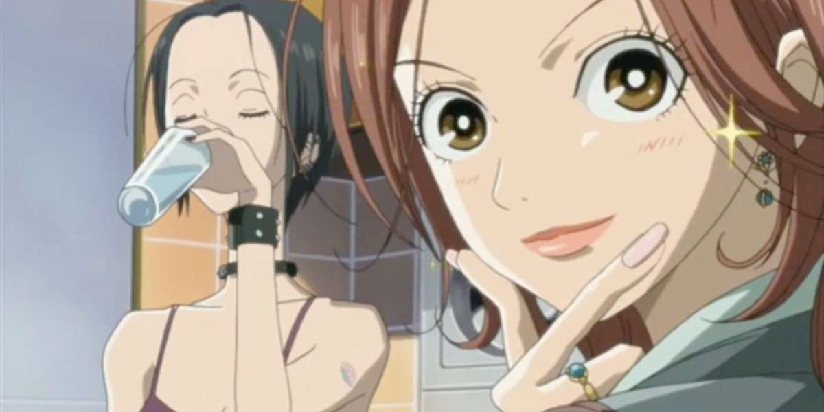 Image features a visual from Nana: (From left to right) Nana Osaki (short, black hair and tank top) is drinking water while Nana Komatsu (shoulder-length, brown hair and earrings) is looking forward.