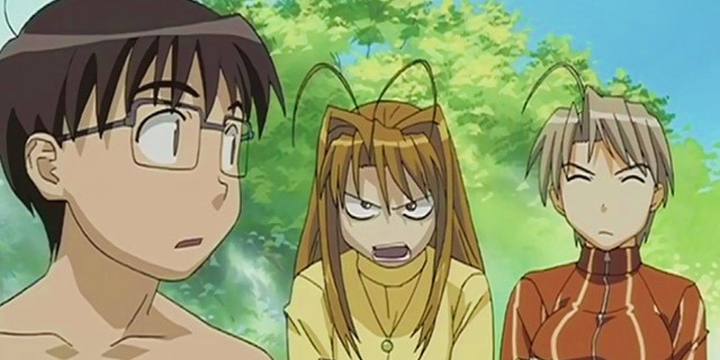 Anime Naru and Kitsune glare at Keitaro in Love Hina.