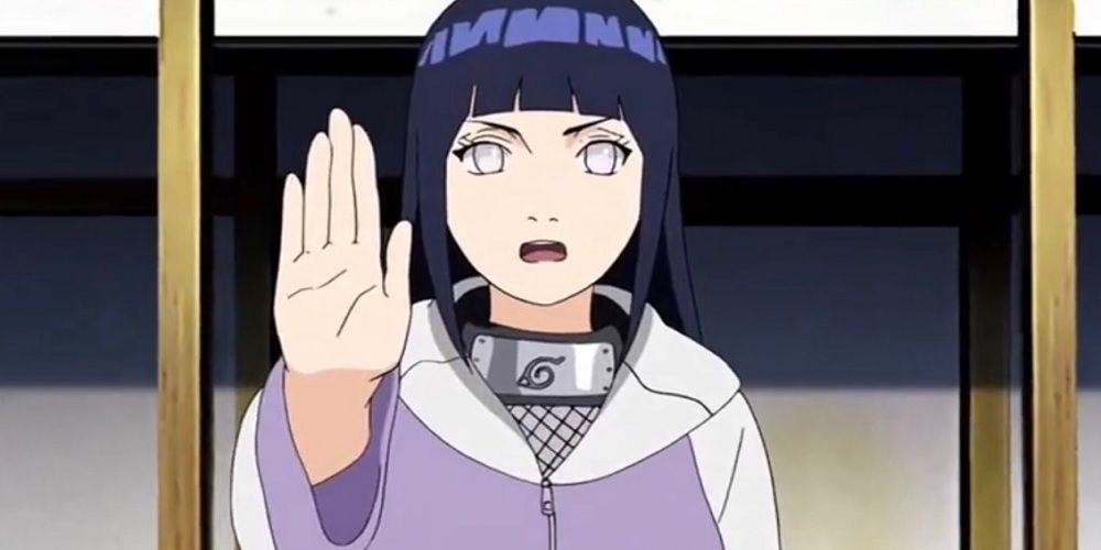Hinata with her hand up in Naruto.