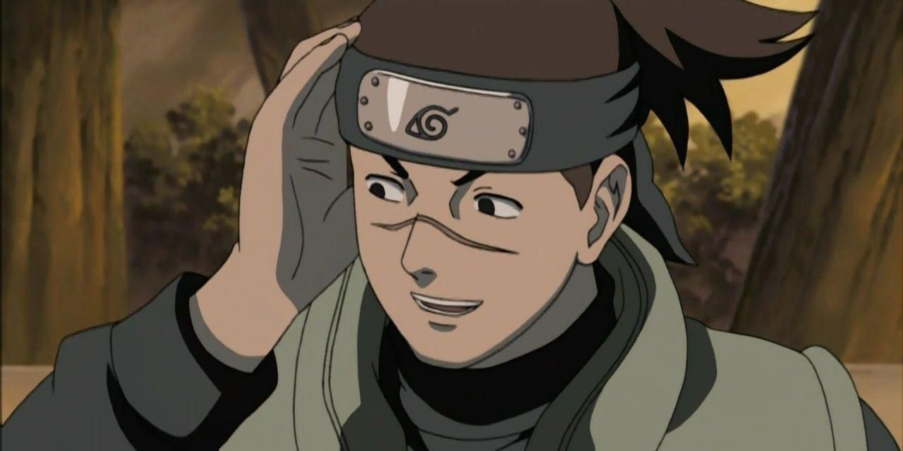 Iruka smiling with his palm against his head