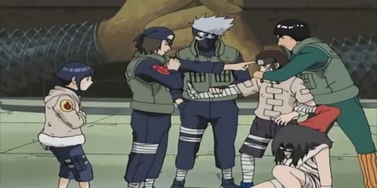 Neji restrained after a fight with Hinata in Naruto.