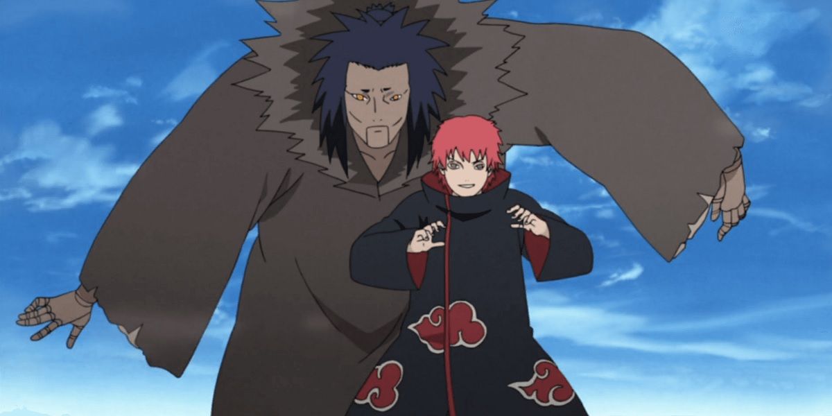 Sasori facing Orochimaru with his Kazekage puppet in Naruto.