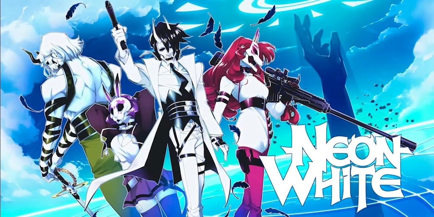 Screenshot depicting the protagonist next to other supporting characters in Neon White.