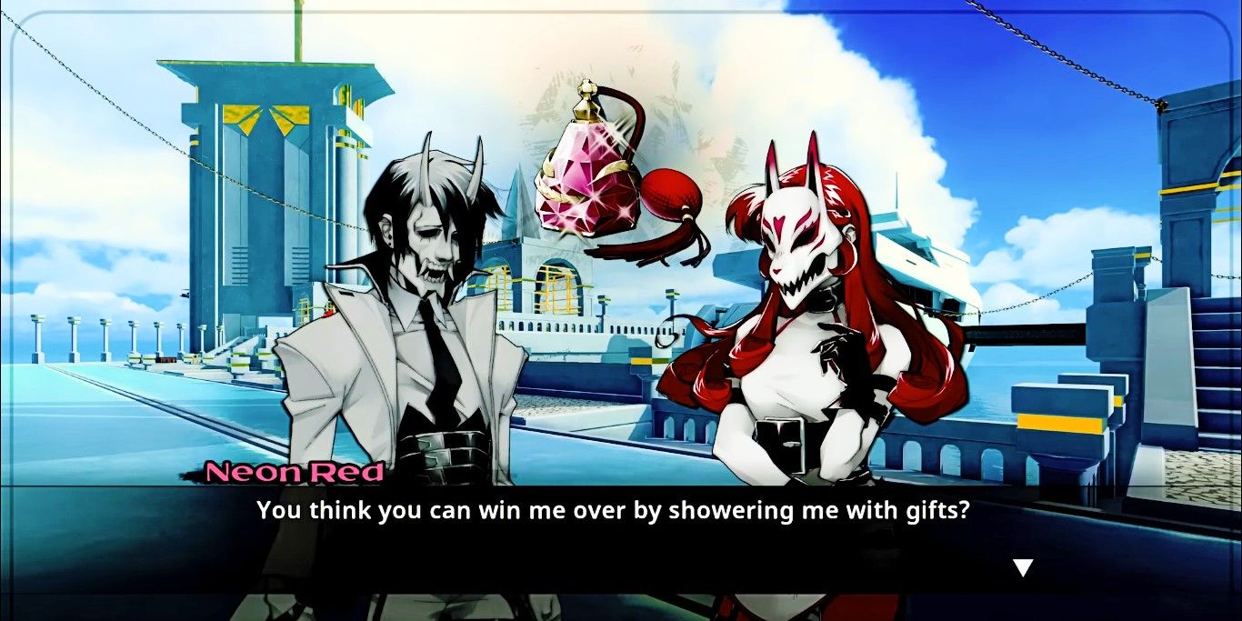 Screenshot depicting White gifting a perfume to Red, as seen in Neon White.