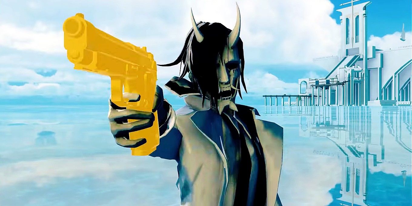 Screenshot depicting White pointing a gun at the camera, as seen in Neon White.