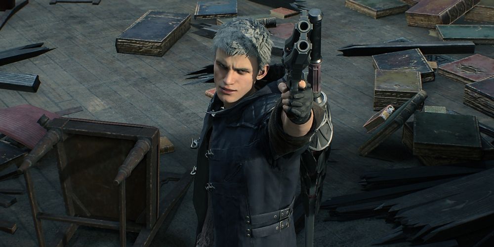 Nero aiming his gun in Devil May Cry 5 game