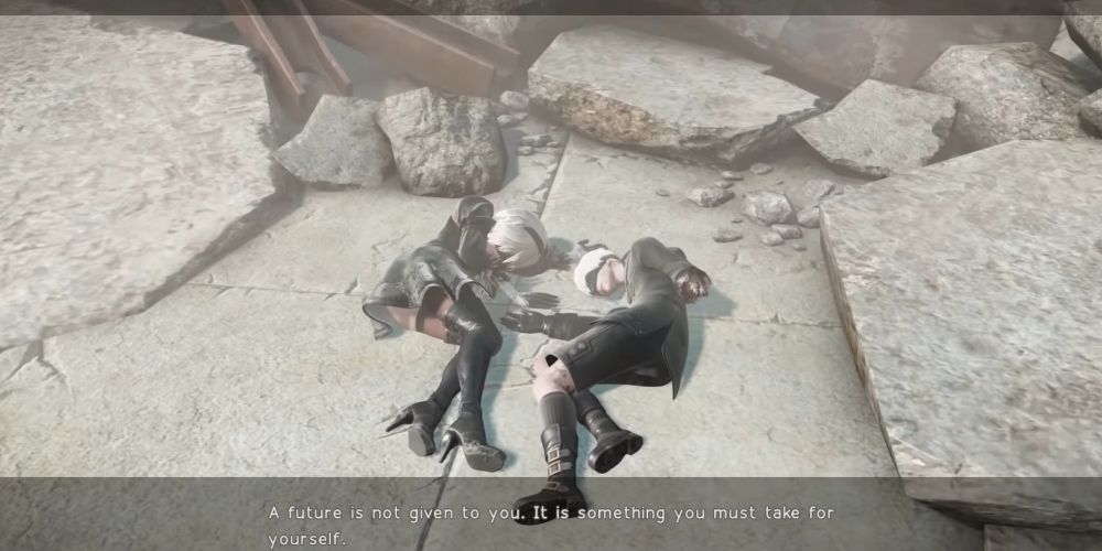 9S and 2B's revived forms in the Ending E to NieR: Automata