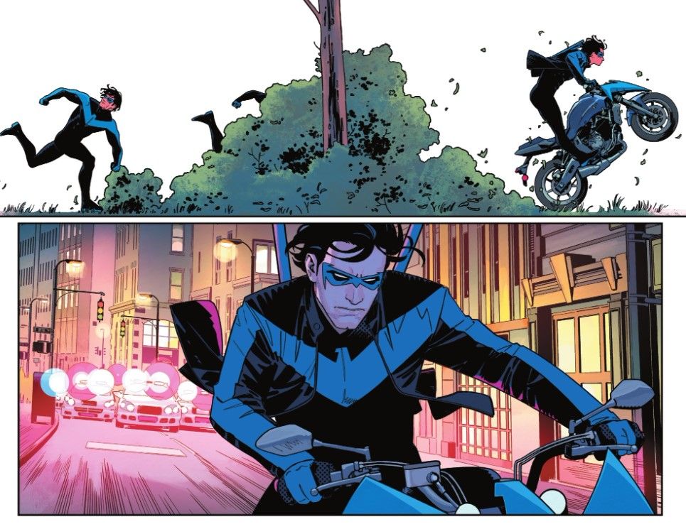 Nightwing dons a leather jacket as he hops on his motorcycle to escape the cops, from Nightwing #93