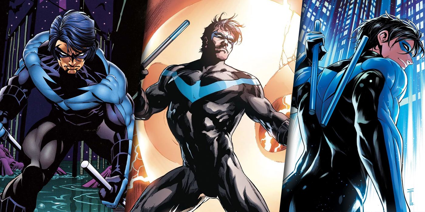 Nightwing's various black and blue costumes split image