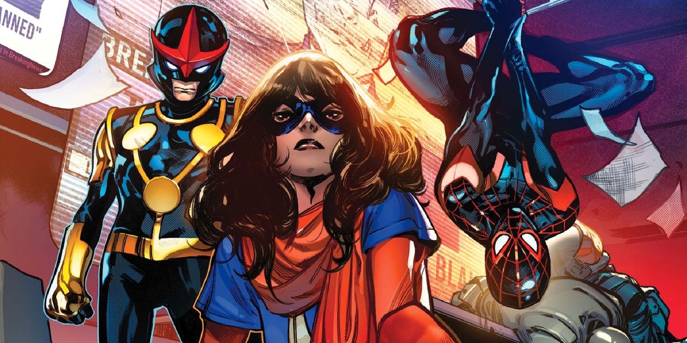 Nova, Ms. Marvel, and Spider-Man pose on the cover of Outlawed in Marvel Comics