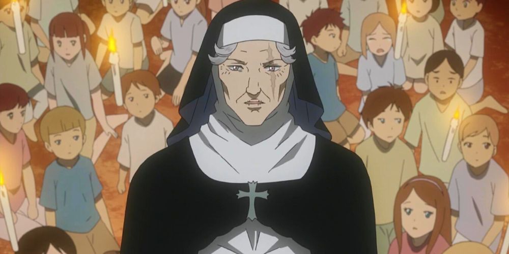 Nun Theresa standing in front of children in Black Clover
