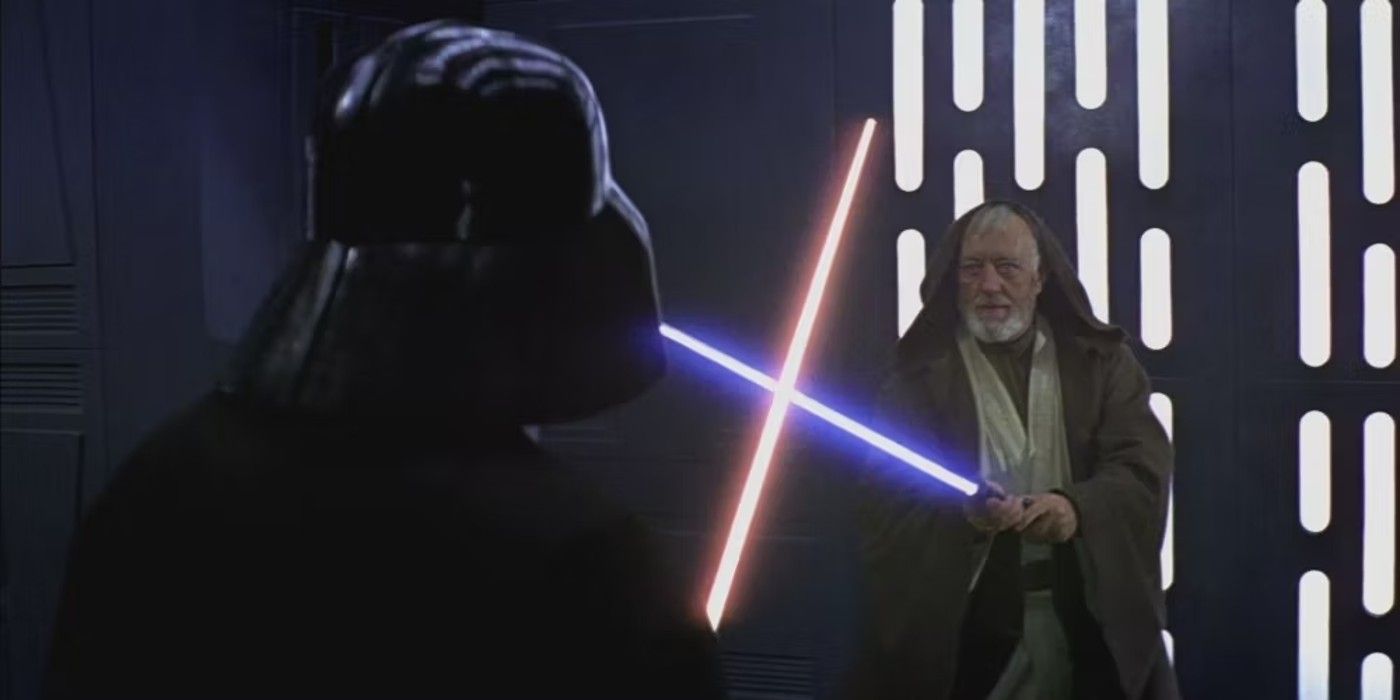 Obi-Wan Kenobi faces off against Darth Vader in a lightsaber duel in Star Wars: A New Hope