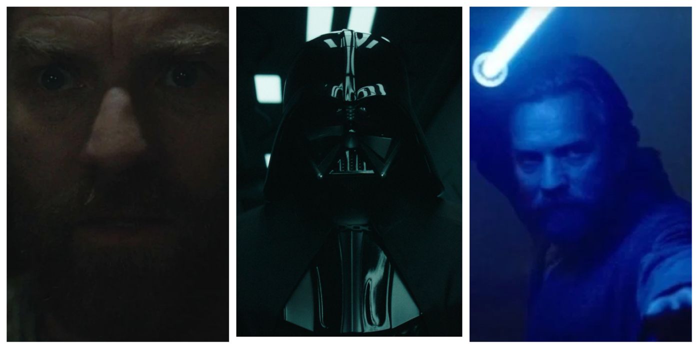 A collage of stills from Obi-Wan Kenobi, featuring Obi-Wan and Darth Vader