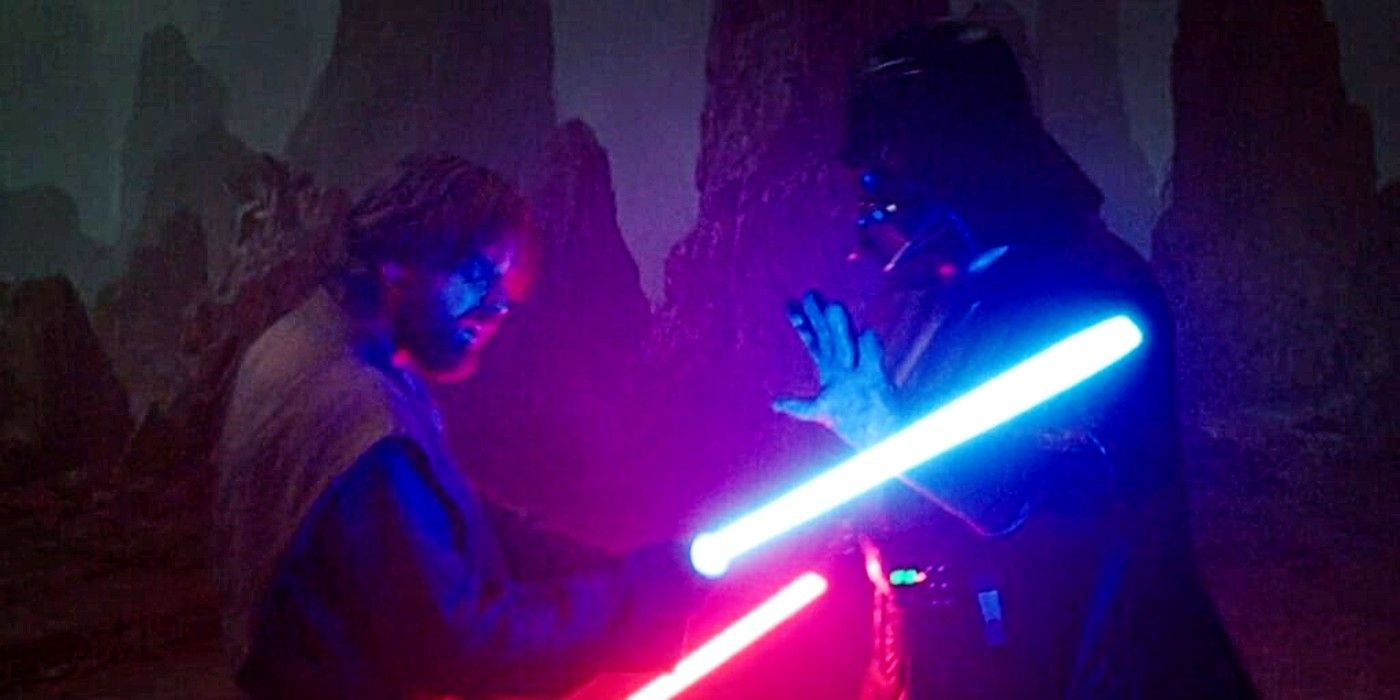 Obi-Wan and Darth Vader dueling with lightsabers in the Obi-Wan Kenobi finale.