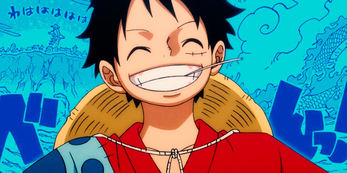 One Piece's Luffy smiling in front of a blue map.