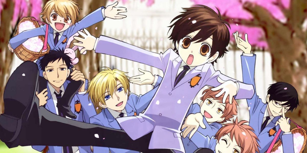 Image features a visual from Ouran High School Host Club: (From left to right) Mitsukuni "Honey" Haninozuka (short, blond hair light blue school uniform) is on Takashi "Mori" Morinozuka (short, black hair and light blue school uniform)'s shoulders, Tamaki Suoh (short, blond hair and light blue school uniform), Haruhi Fujioka (short, brown hair and light blue school uniform), Hikaru and Kaoru Hitachiin (short, orange hair and butler uniforms) are holding their hands out, and Kyoya Ootori.