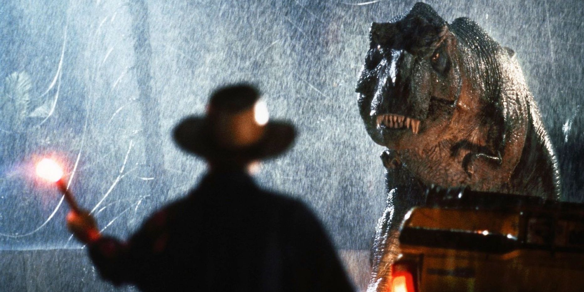 Dr Grant staring down the T-Rex in Jurassic Park movie