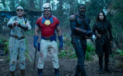 Polka-Dot Man, Peacemaker, Bloodsport, and Ratcatcher group in a jungle in The Suicide Squad
