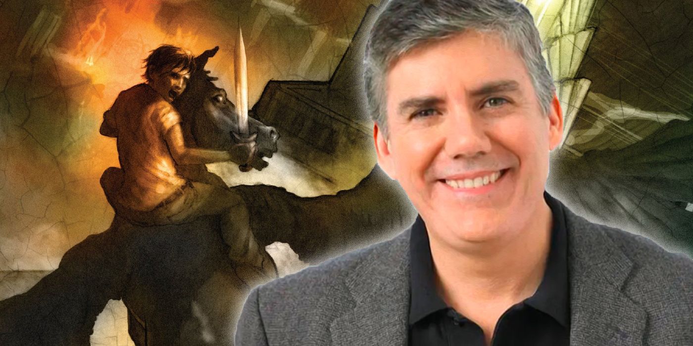 Percy Jackson author Rick Riordan superimposed over a cover image from Percy Jackson and the Last Olympian