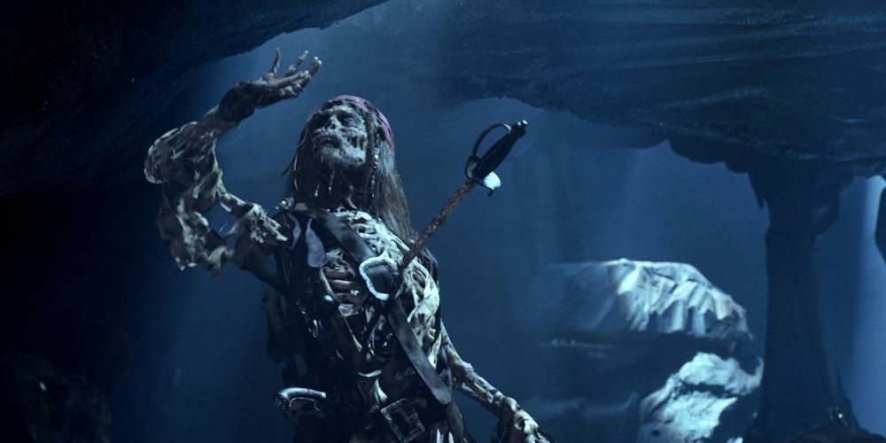 Jack Sparrow under the effects of the curse in Pirates of the Caribbean: Curse of the Black Pearl