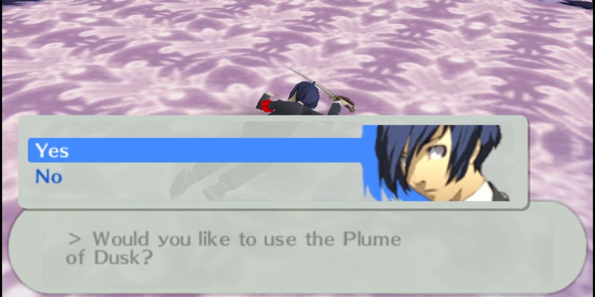 Player about to use a Plume of Dusk in Persona 3 Portable