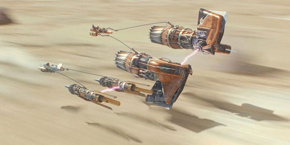 Anakin and Sebulba's pods colliding in the podracing scene in Star Wars Episode I - The Phantom Menace