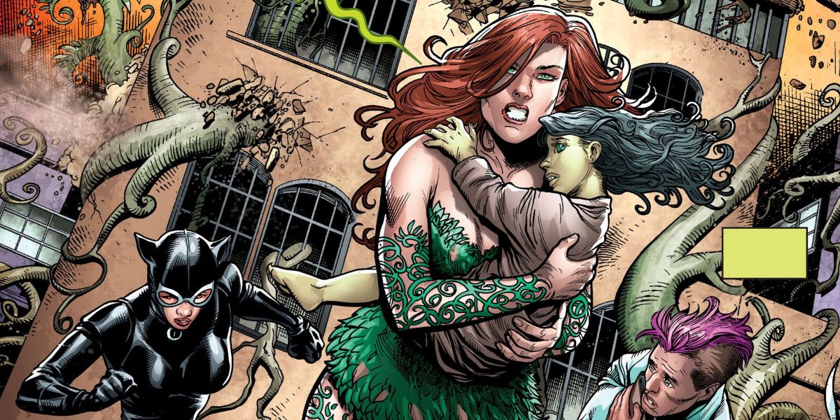 Poison Ivy saving a child from a building with Catwoman