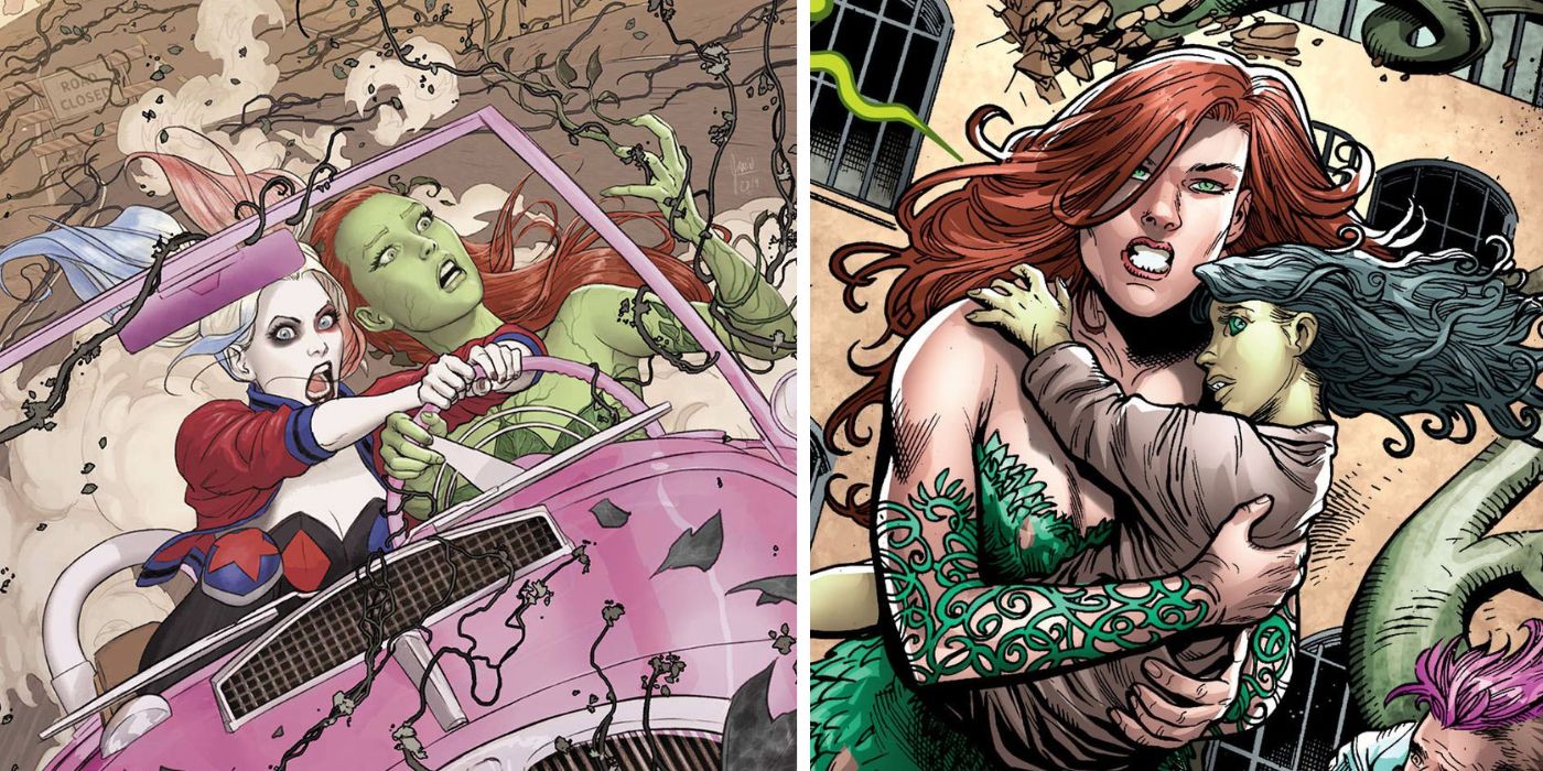 photo of Poison Ivy saving a plant child and driving a car with Harley Quinn