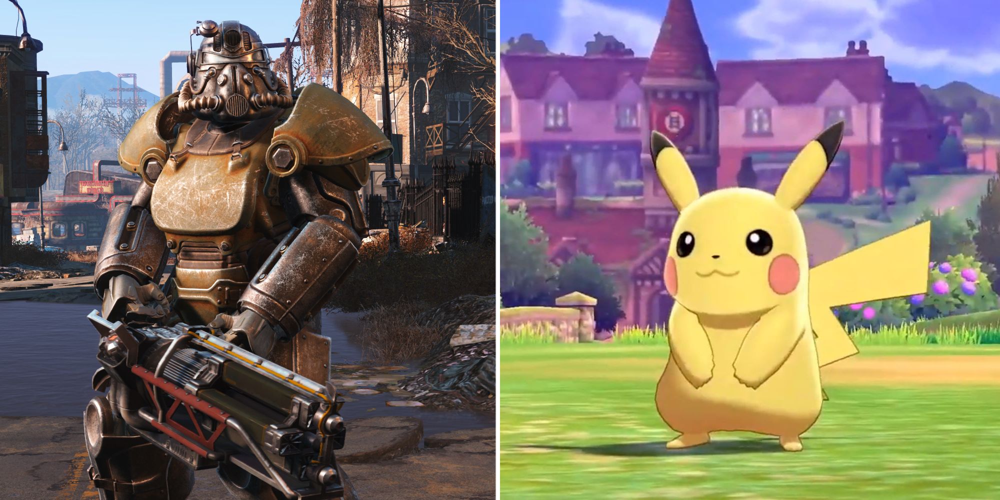 Character in Power Armor in Fallout 4 and Pikachu from Pokemon Sword and Shield