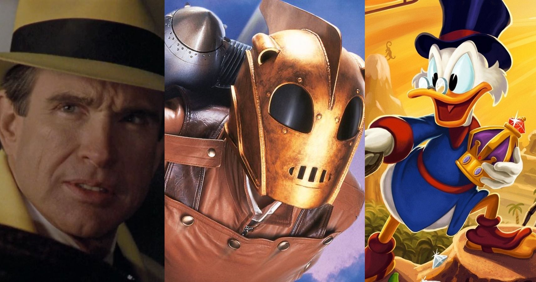 A combined feature image featuring three comic book adaptations made before Disney bought Marvel Studios: Dick Tracy, The Rocketeer, and DuckTales.