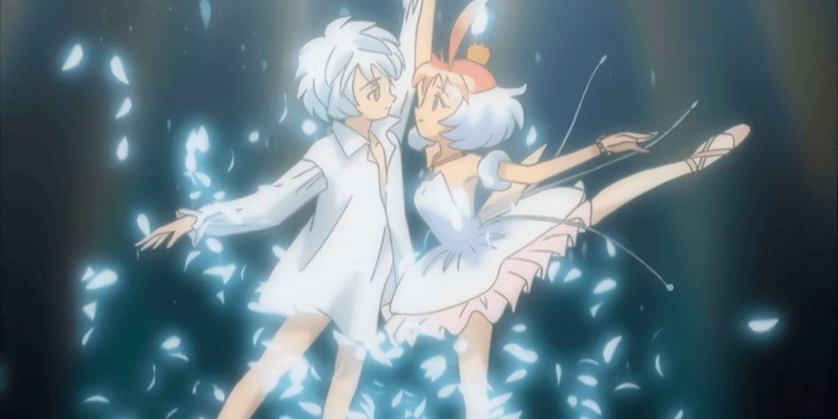 Mytho and Princess Tutu in the midst of a dance in Princess Tutu.