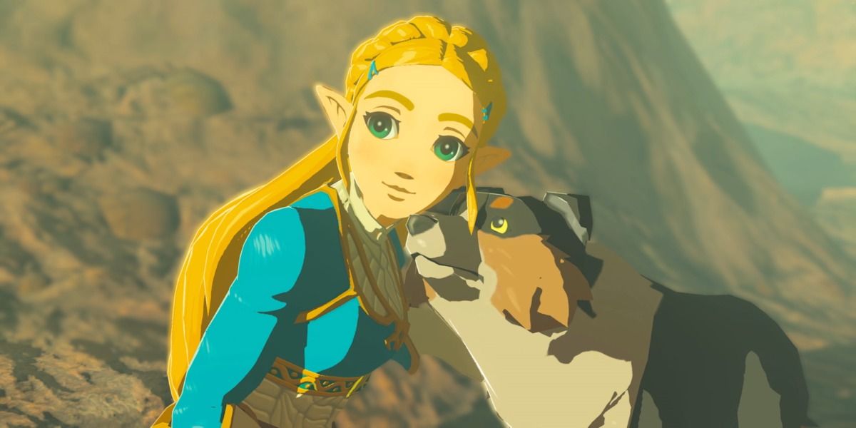 Princesa Zelda de Legend Of Zelda: Breath of the Wild com um cachorro