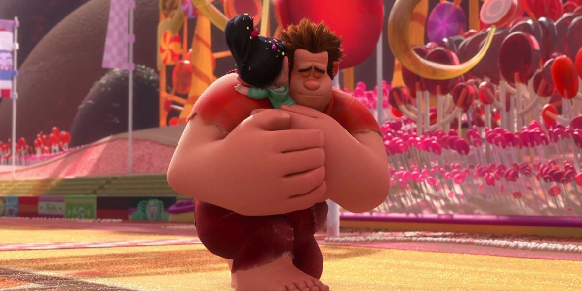 Ralph and Vanellope hug in Wreck-It Ralph.