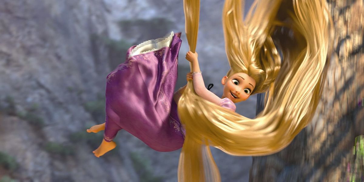 Rapunzel lets her hair down in a tangle.