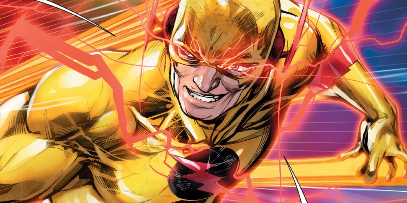 Reverse Flash runs with red lightning from DC Comics.