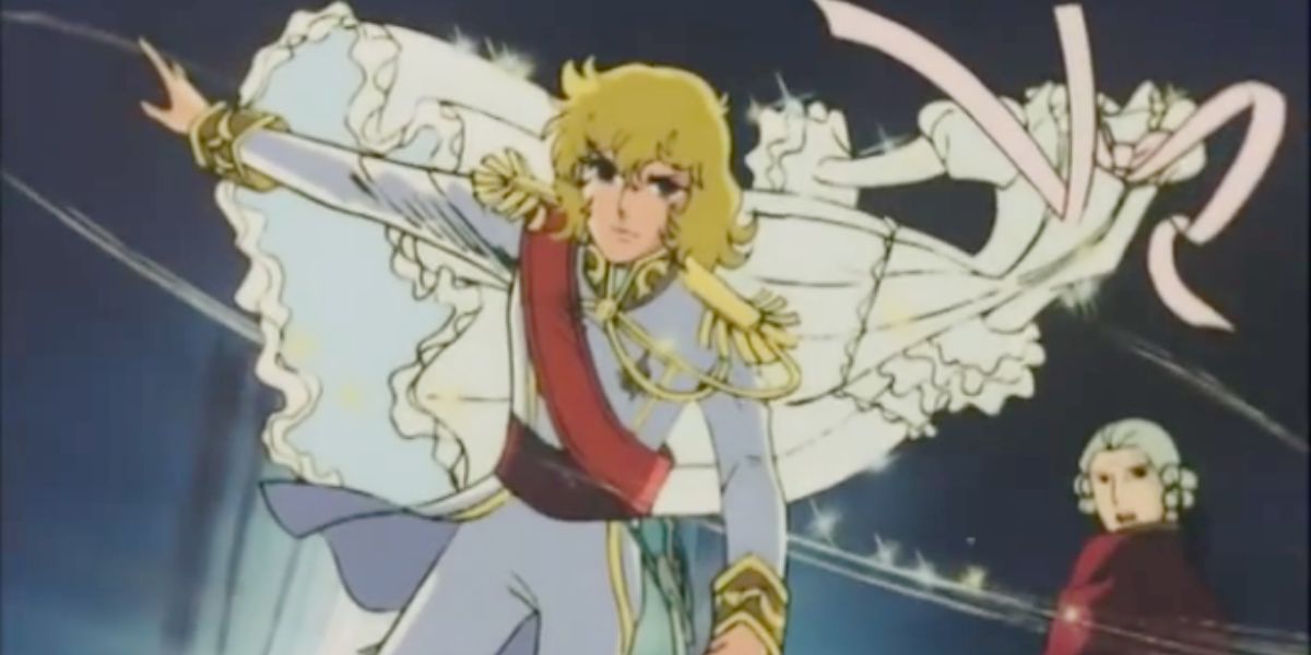 Image features a visual from Rose of Versailles: (From left to right) Oscar François de Jarjayes (long, blonde hair and white uniform) throwing aside a wedding dress while her father stares at her.