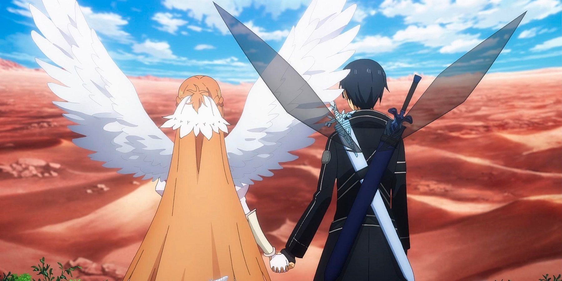 Sword Art Online'da Kirito ve Asuna el ele tutuşuyor.