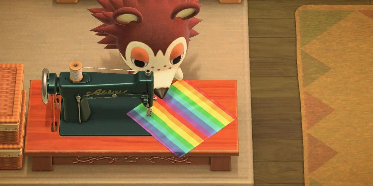 Sable from Animal Crossing: New Horizons using a sewing machine to make a rainbow flag.