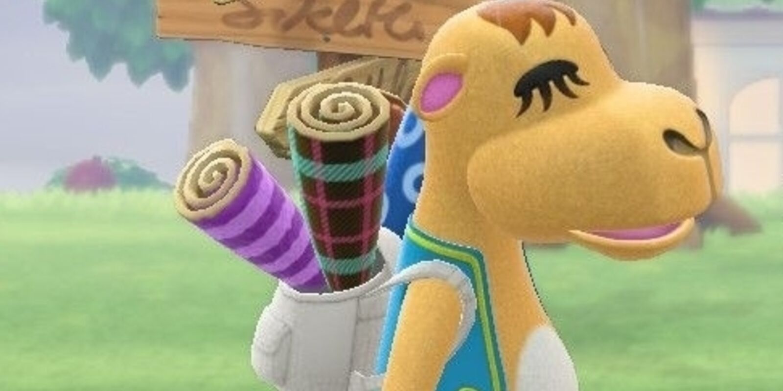 Saharah from Animal Crossing: New Horizons carrying wallpaper, flooring, and rugs in her backpack.