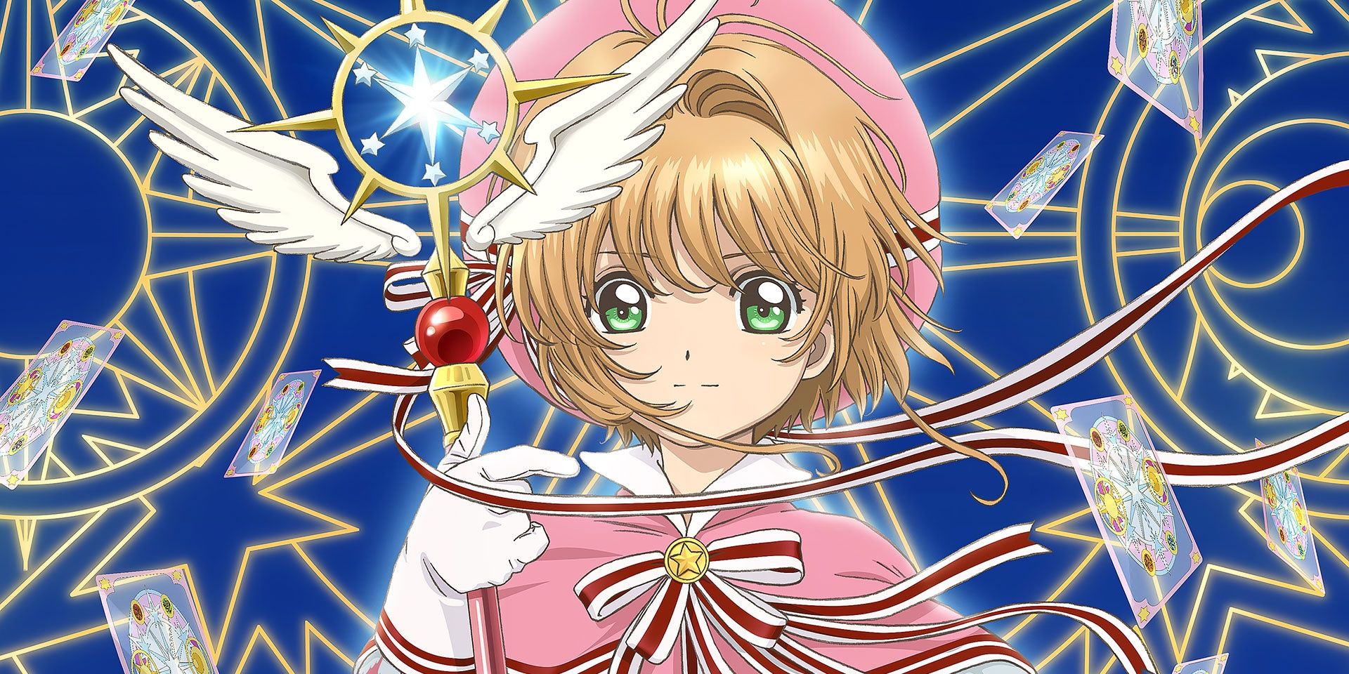 Sakura Kinomoto with her scepter and surrounded by Clow Cards from Cardcaptor Sakura