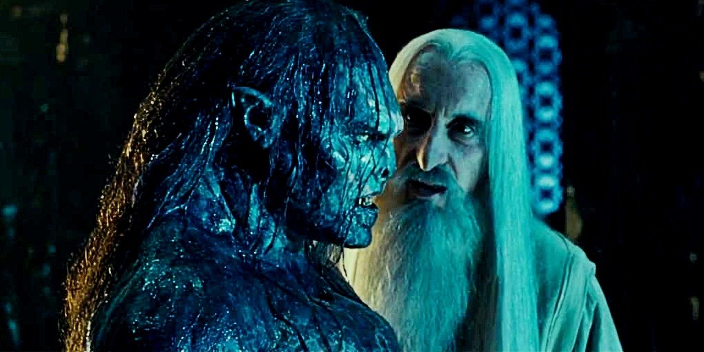 Saruman talks with Lurtz, the first captain of the Uruk-hai scouts, in The Lord of the Rings