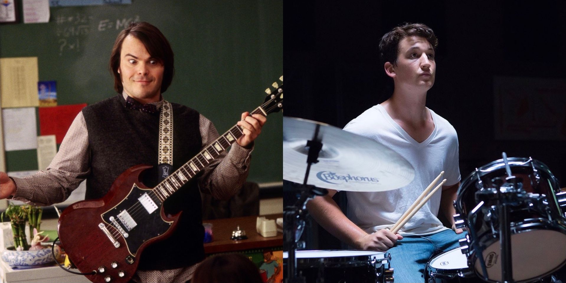 MOVIES ABOUT MUSIC FEATURE IMAGE - SCHOOL OF ROCK (2003), WHIPLASH (2014)