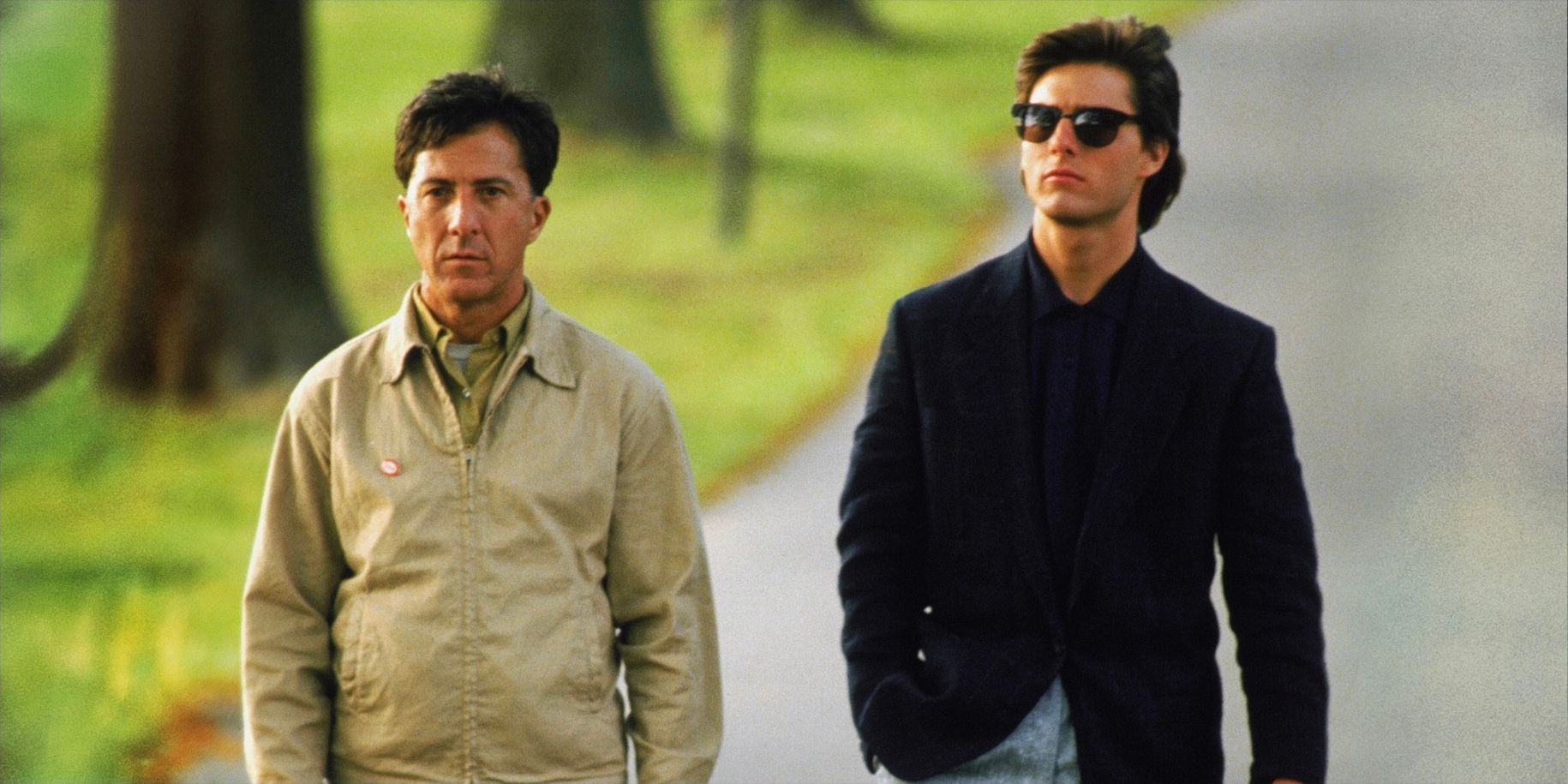 Tom Cruise as Charlie Babbitt in Rain Man walking with Dustin Hoffman